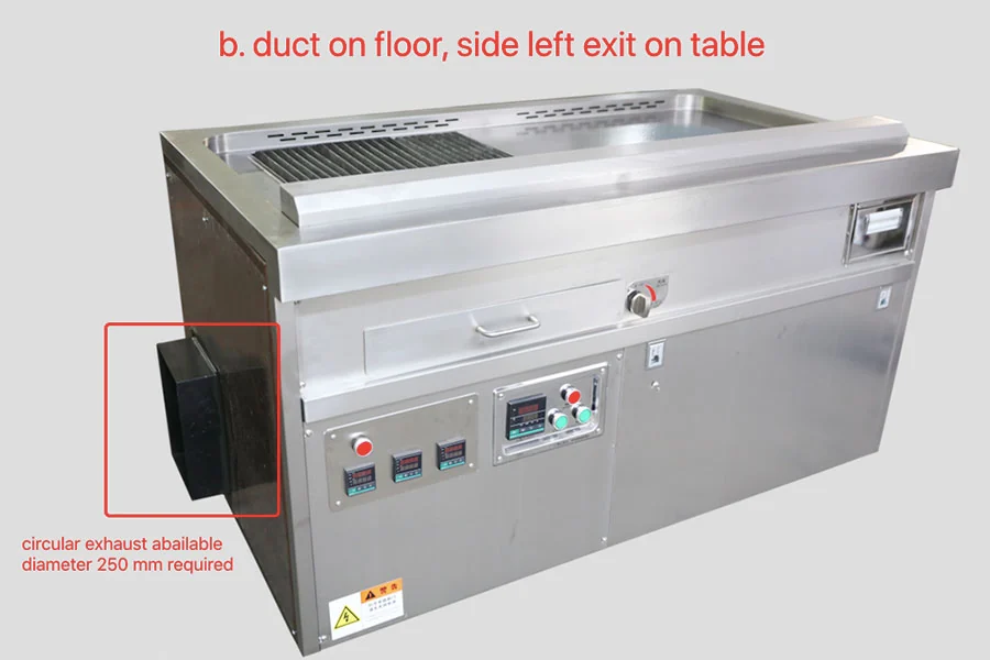 Stainless teppanyaki table with side exhaust duct annotation: floor duct and 250 mm circular exhaust option