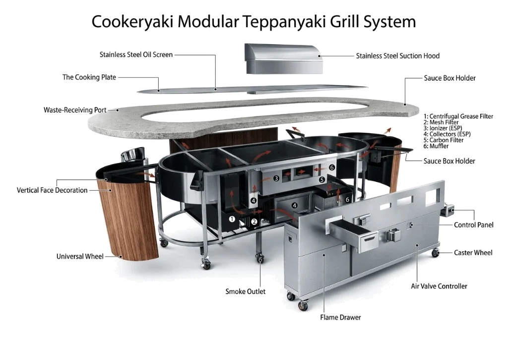 Exploded-view diagram of a commercial teppanyaki grill with labeled components