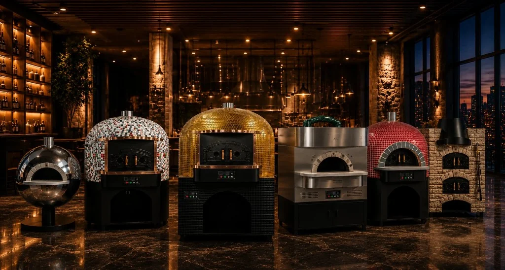 Commercial pizza oven and teppanyaki line in a modern kitchen