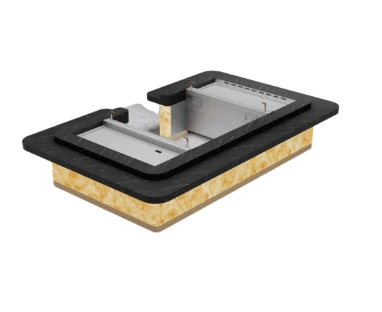 Teppanyaki station with black marble counter and warm gold backlit base