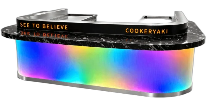 Cookeryaki LED teppanyaki grill station with marble counter and illuminated base