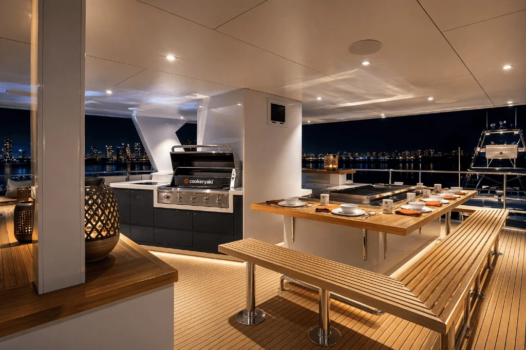 Outdoor teppanyaki dining table on a yacht deck at night with city lights across the water