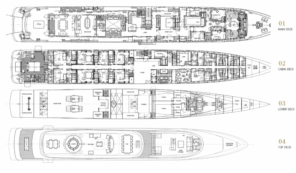 Technical deck plan showing Main deck, Cabin deck, Lower deck engineering, and Top deck lounge arrangements on a luxury yacht