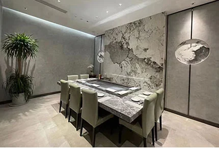 Private dining room with marble feature wall and active teppanyaki grill