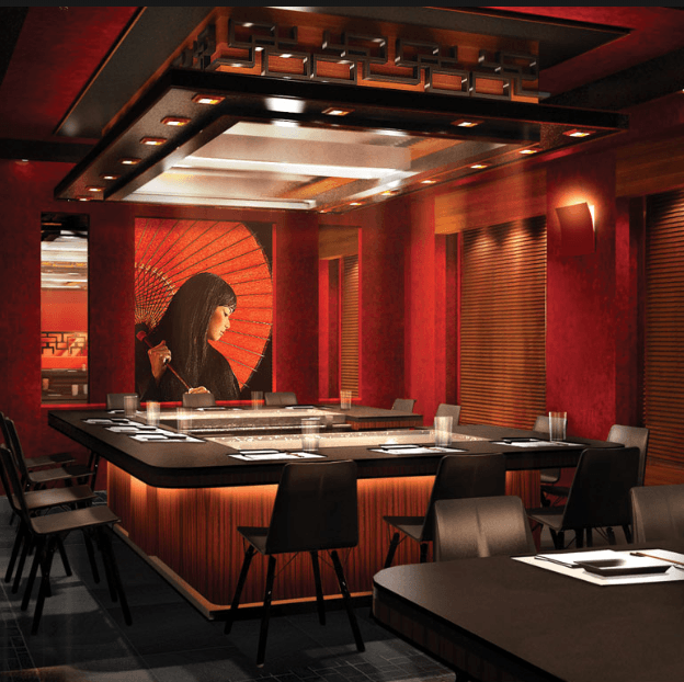 Upscale Japanese teppanyaki dining room with ambient lighting, USA client