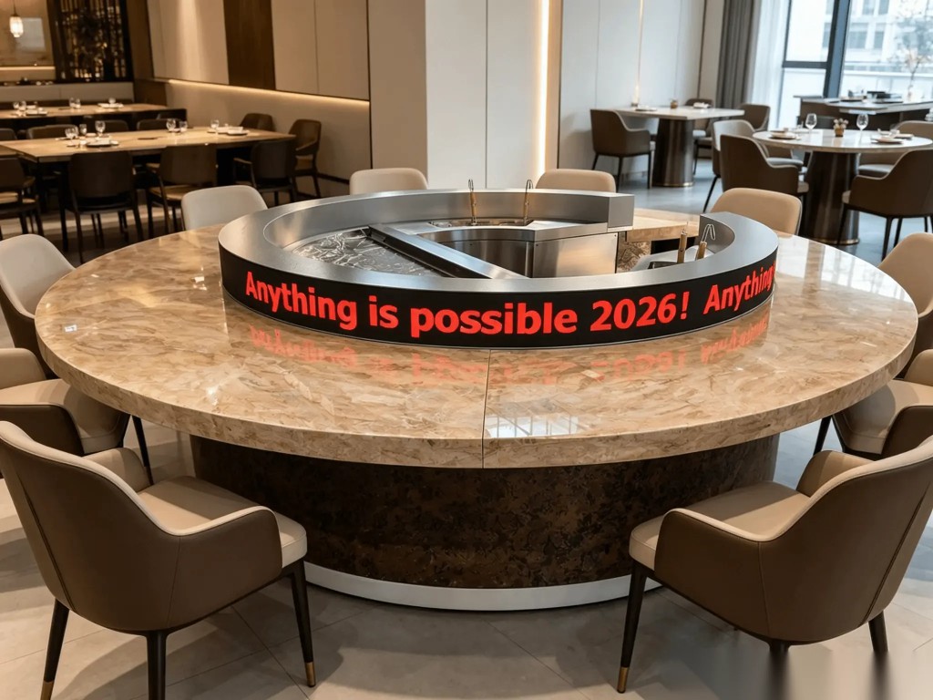 Premium circular dining table with LED centerpiece in modern restaurant, India project