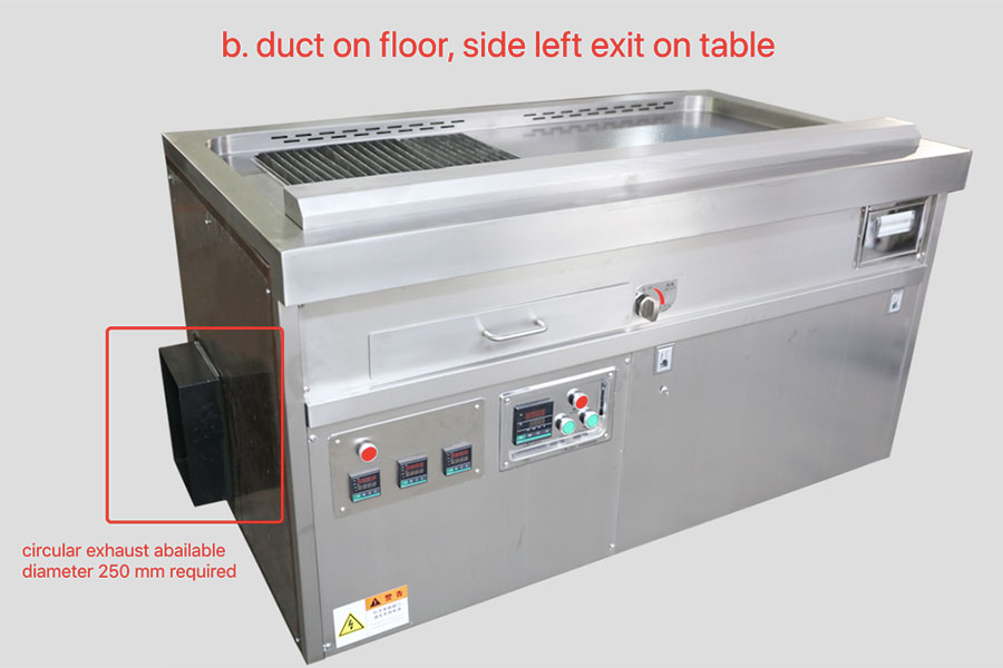 Stainless teppanyaki table with side exhaust duct annotation: floor duct and 250 mm circular exhaust option