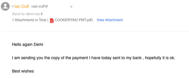 Customer email screenshot: Ian Cuff forwards bank payment confirmation to Cookeryaki