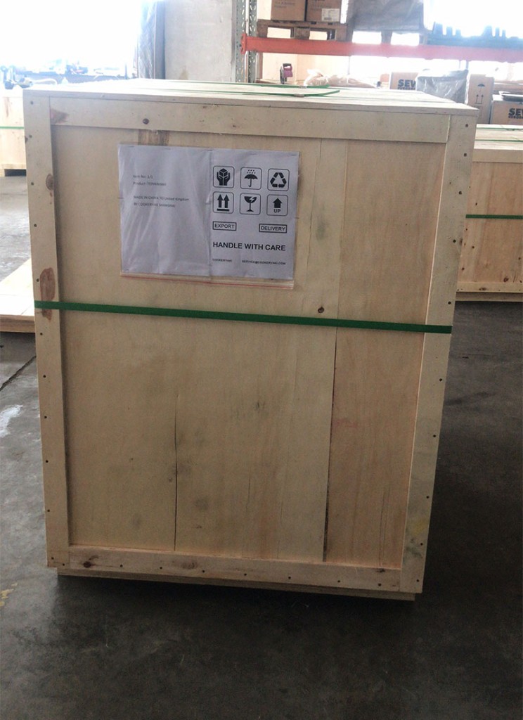 Wooden export crate for a Teppanyaki table with Made in China to United Kingdom shipping labels