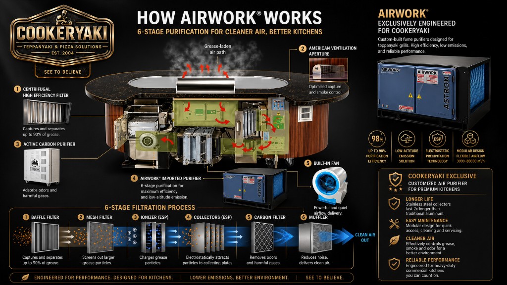 Cookeryaki Airwork 6-stage smokeless filtration technical diagram with ESP and carbon stages
