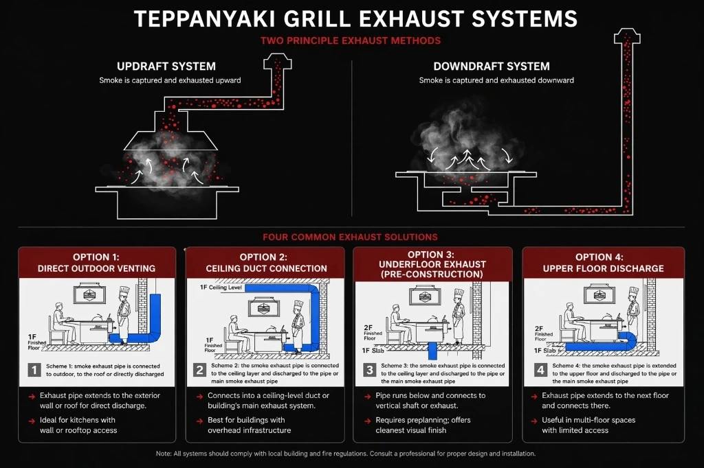 Teppanyaki exhaust systems guide: updraft hood versus downdraft and vent routing options