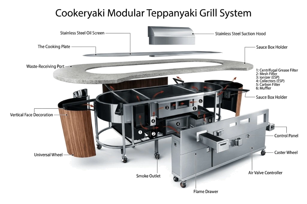 Exploded-view diagram of a commercial teppanyaki grill with labeled components