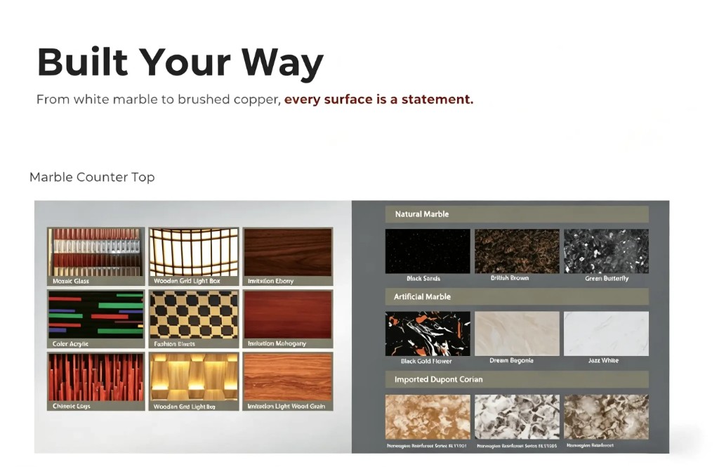 Catalog of marble, Corian, glass, acrylic and wood surface options for custom restaurant counters