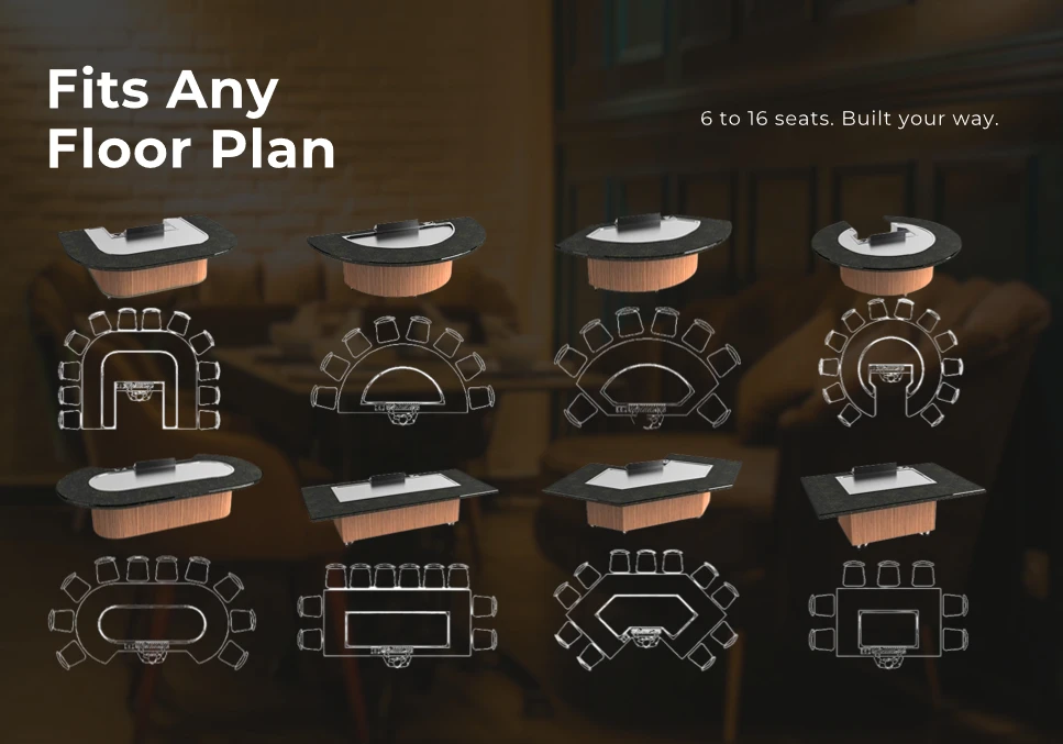 Commercial teppanyaki table layouts from U-shape to island with floor-plan diagrams