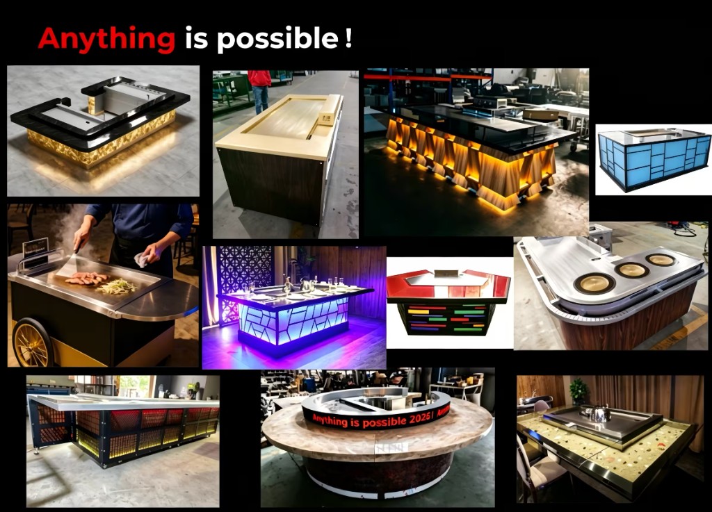 Collage of custom teppanyaki tables in varied shapes, materials, and lighting, with the headline Anything is possible.