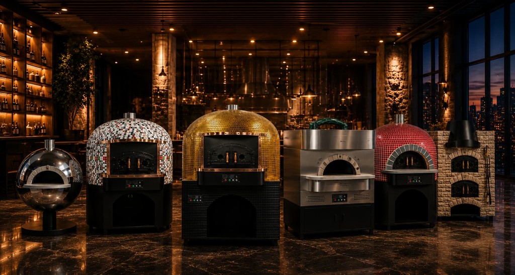 Commercial pizza oven and teppanyaki line in a modern kitchen