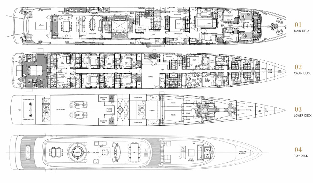 Technical deck plan showing Main deck, Cabin deck, Lower deck engineering, and Top deck lounge arrangements on a luxury yacht