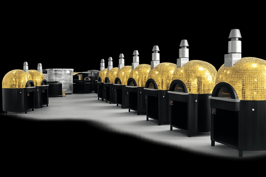 Row of commercial gold-mosaic pizza ovens — production lineup for bulk orders