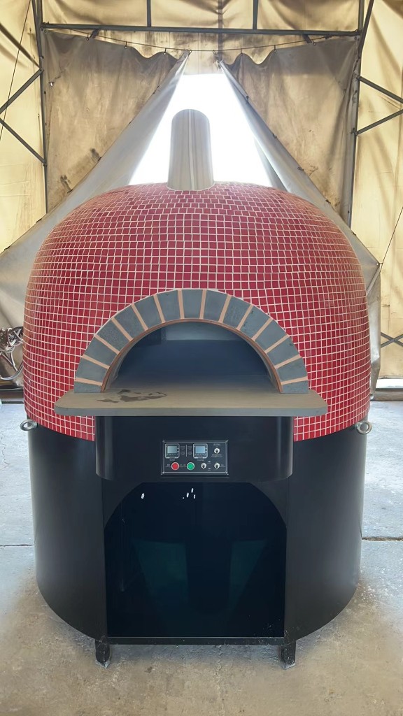 Commercial red mosaic dome pizza oven with black base and digital controls — indoor staging