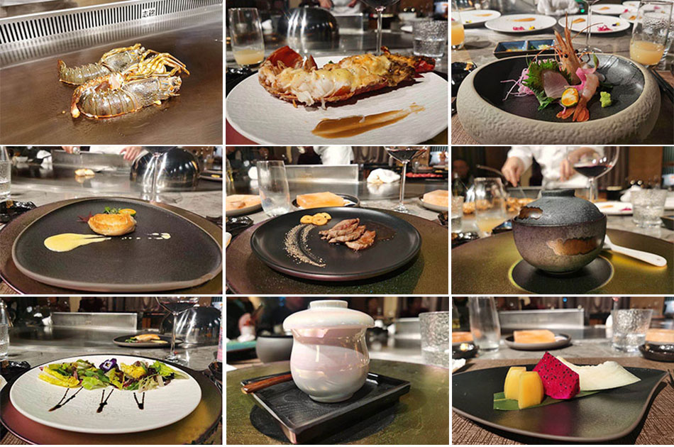 Teppanyaki tasting collage: lobster on the grill, sashimi, Wagyu beef, and plated courses at a private dining table