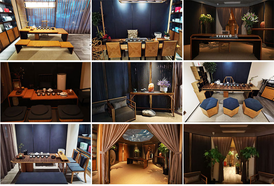 Intimate tea room with dark wood tea table, full tea set, and display shelves