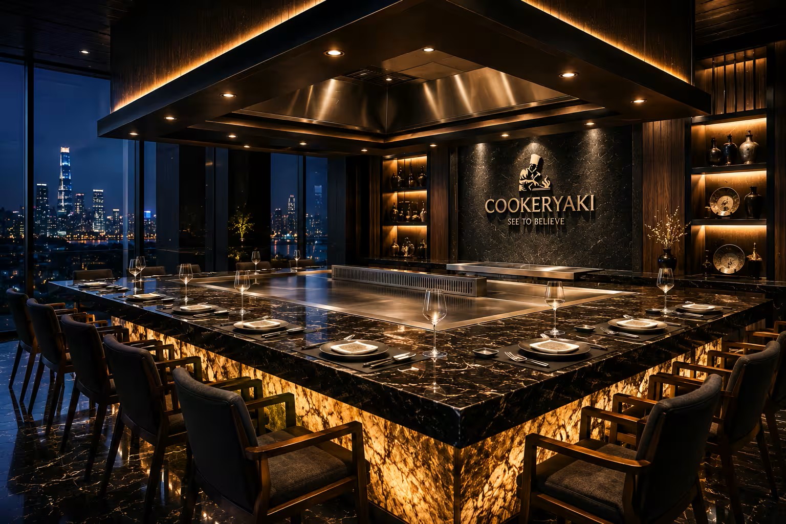 Commercial gas and electric teppanyaki grill table in a restaurant open kitchen with custom layout